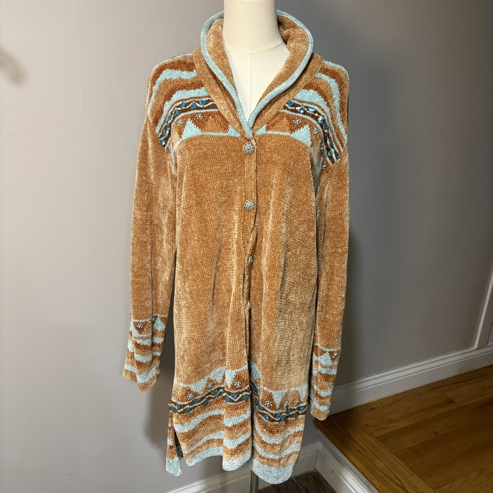 Sweater Sweater Chenille Cardigan Sweater Western Boho Beaded Tan Turquoise Sz M